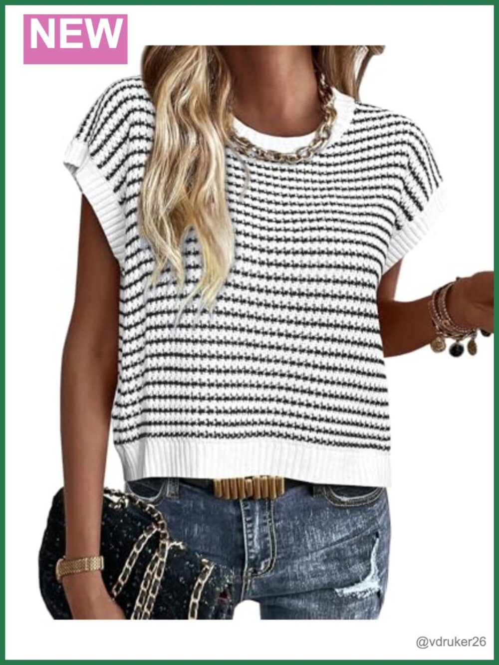Women's Striped Short Sleeve Knit Sweater Vest Lightweight Cotton